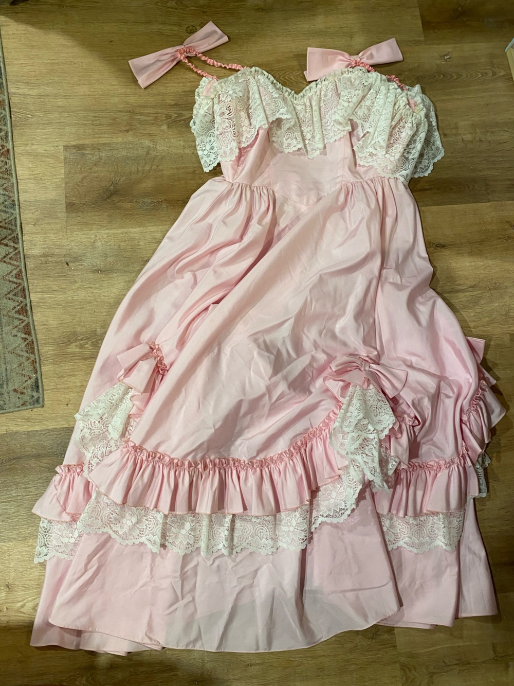 Vintage Gunne Sax pink satin off the shoulder dress